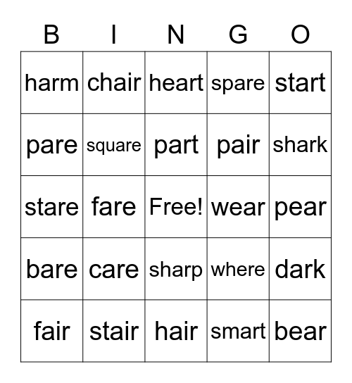 ar, are, air Bingo Card