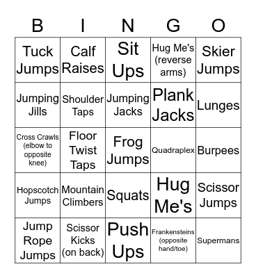 Fitness Bingo Card