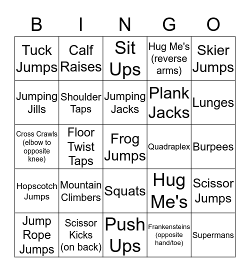 Fitness Bingo Card