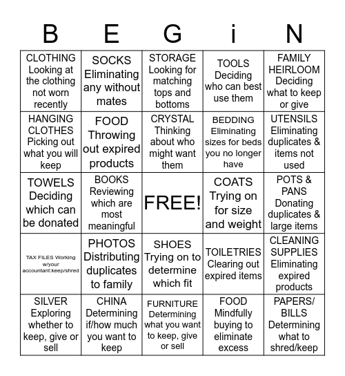 DOWNSIZING BINGO Card