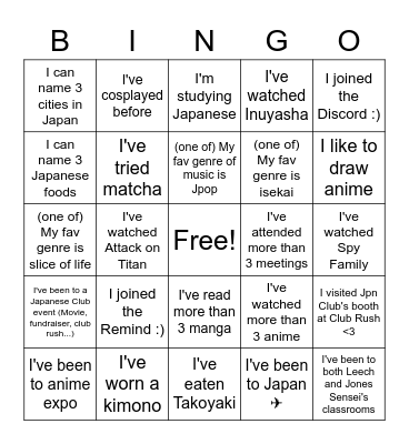 MHS Japanese Club Bingo Card