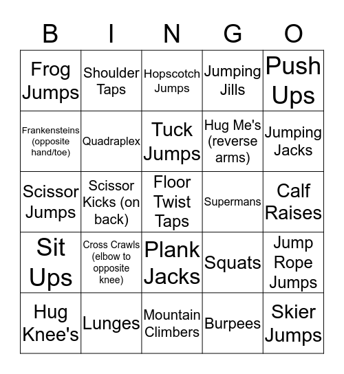 Fitness Bingo Card