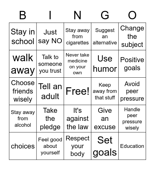 DRUG PREVENTION Bingo Card