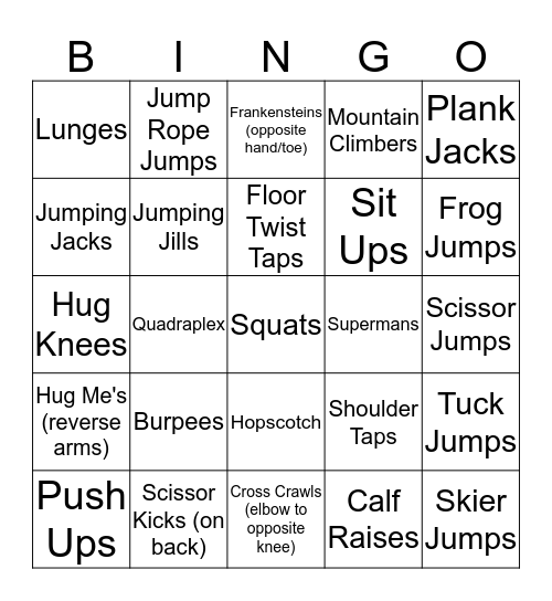 Fitness Bingo Card