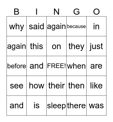 Sight Words Bingo Card