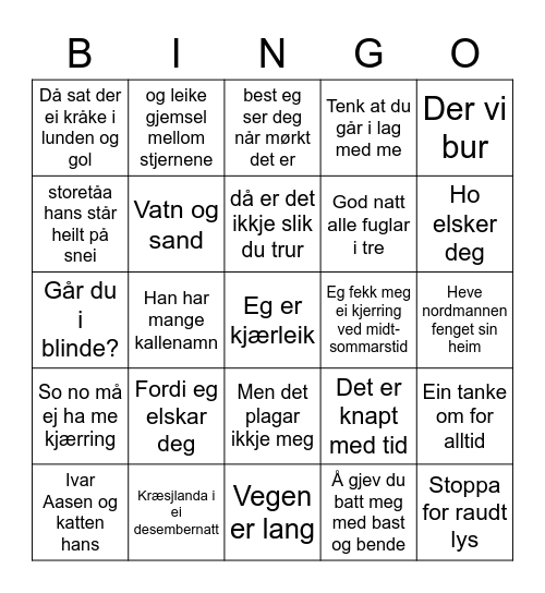 Musikkbingo nynorsk 1 Bingo Card