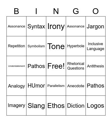 Rhetorical Device Bingo Card