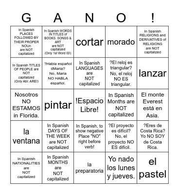 Spanish 1 - Quiz 10 Review Bingo Card