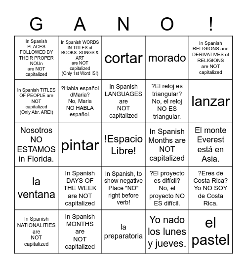 Spanish 1 - Quiz 10 Review Bingo Card