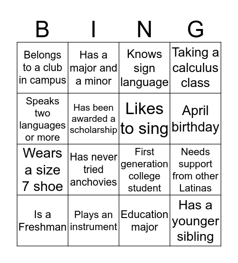 Latinas Rising Bingo Card