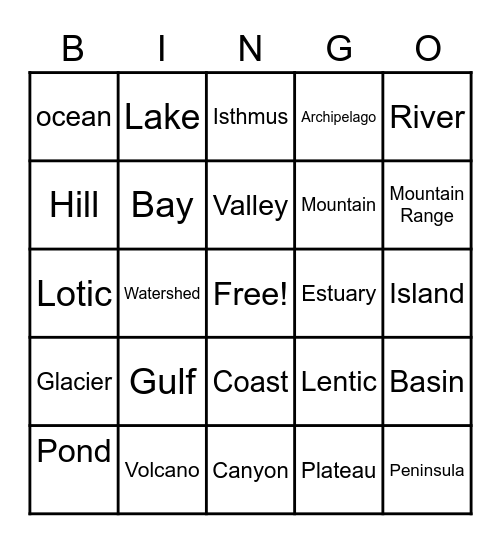 Landforms and Bodies of Water Bingo Card