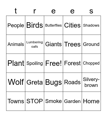 Tree Growing Palooza Bingo Card