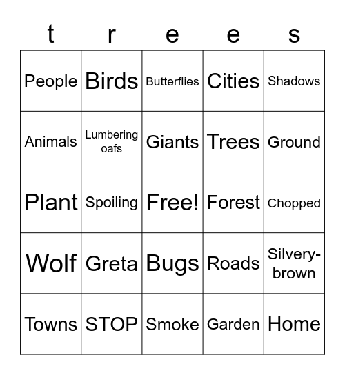 Tree Growing Palooza Bingo Card