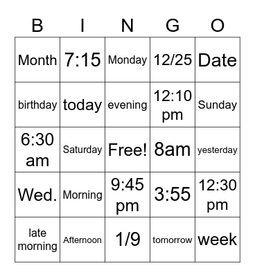 Time/Day/Date Bingo Card