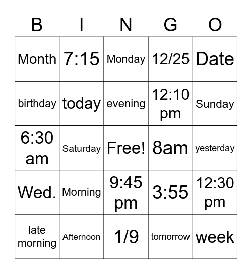 Time/Day/Date Bingo Card