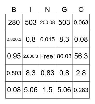 Decimal Bingo Card