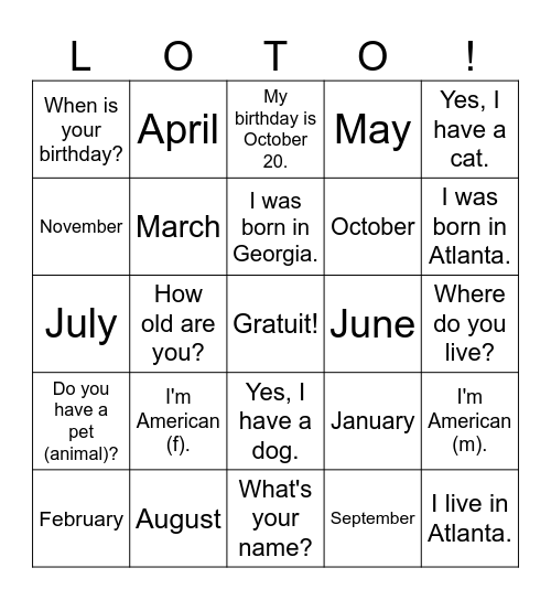 Toi et moi Bingo Card