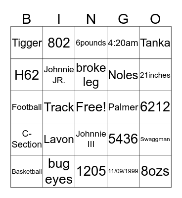 Johnnie 16th Birthday Dinner Bingo Card