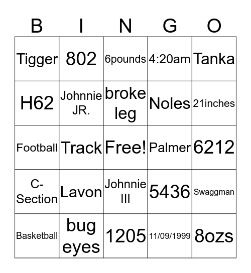 Johnnie 16th Birthday Dinner Bingo Card