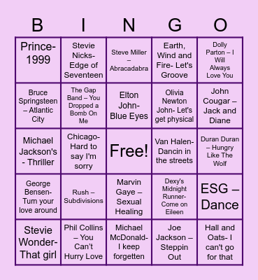 Mary's 1982 Musical Bingo Card