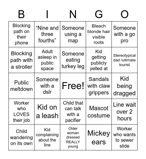 Universal Studio Bingo Card