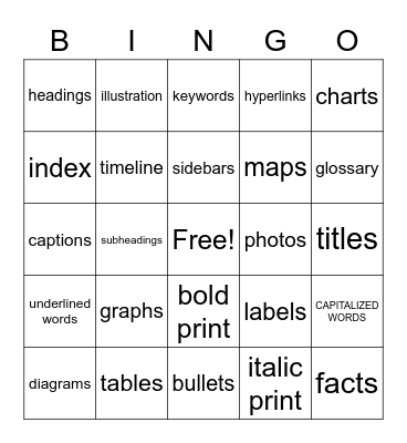 Text Features Bingo Card