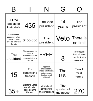 Executive Branch Bingo Card