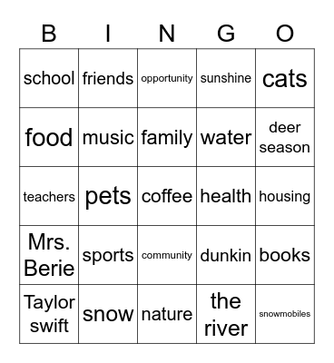 Thankfulness Bingo Card