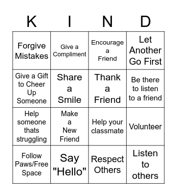 Random Acts of Kindness Bingo Card