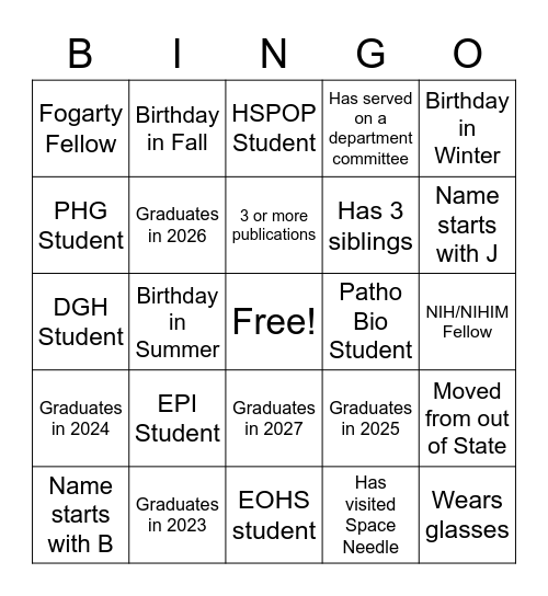 SPH Bingo Card