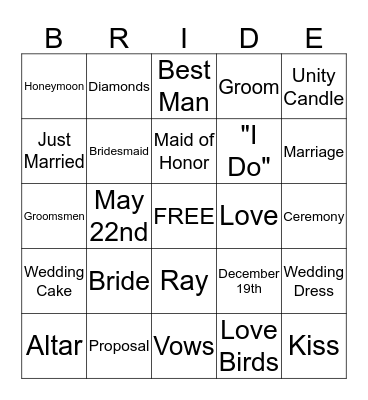 Bridal Shower Bingo Card