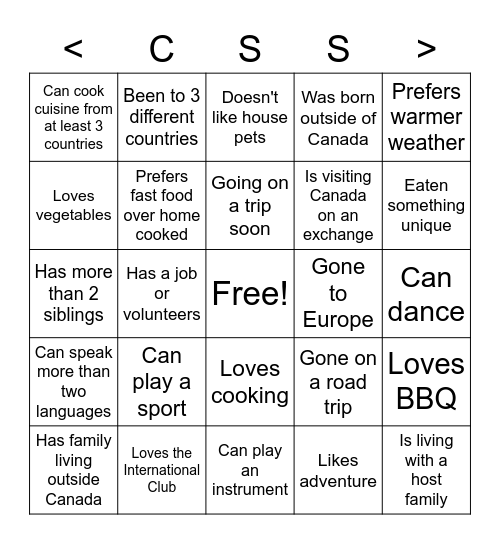 International Club Bingo Card