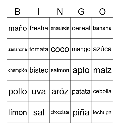 frutas y vegatables Bingo Card