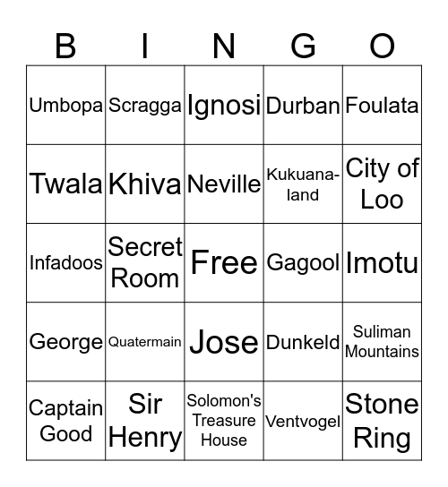 King Solomon's Mines Bingo Card