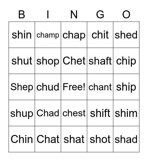 4.1 Initial digraphs ch/sh Bingo Card