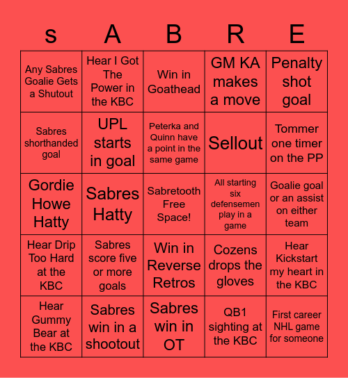 SABRES BINGO Card
