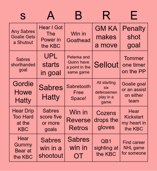 SABRES BINGO Card