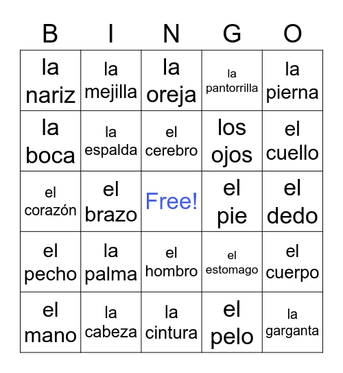 Spanish 20 Body Parts - Ana and Noreen Bingo Card