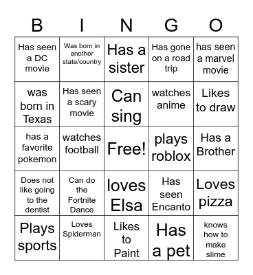 Find a Kid who... Bingo Card