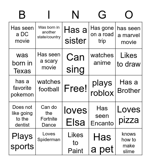 Find a Kid who... Bingo Card