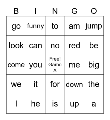 Sight Words Bingo Card