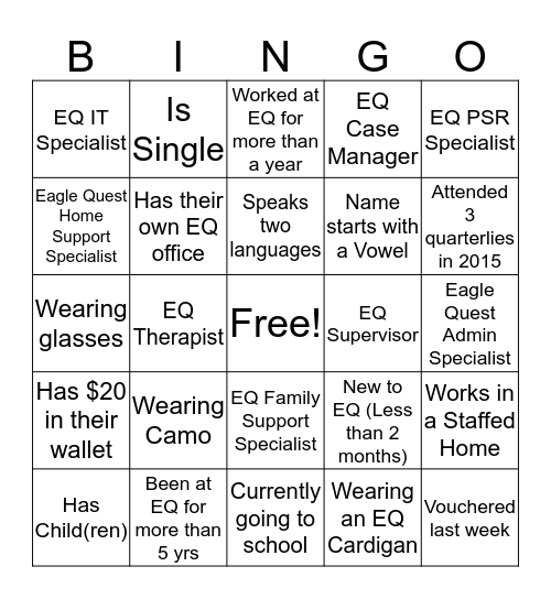 Getting to Know Your Eagle Quest Staff Bingo Card