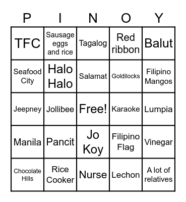 Filipino Bingo Card
