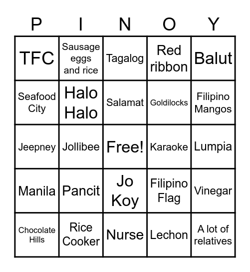 Filipino Bingo Card