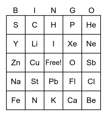 Periodic Table Bingo Card