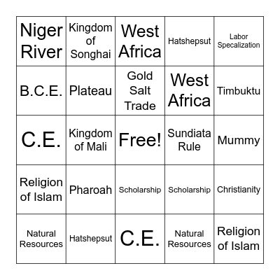 West Africa Bingo Card