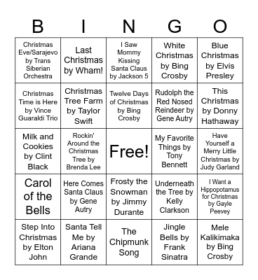 Holiday Hits Bingo Card