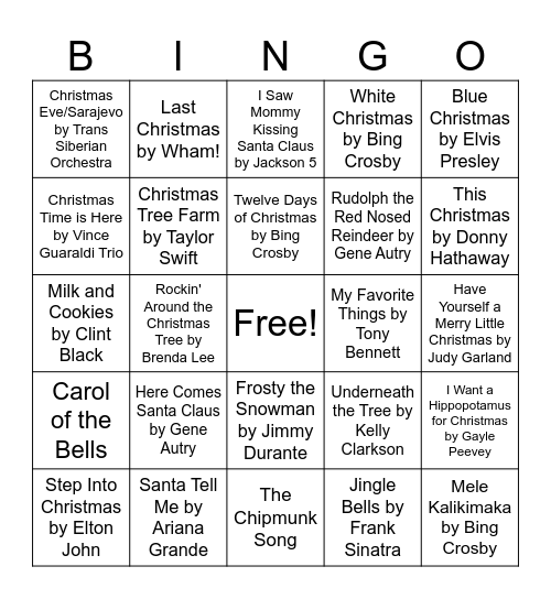 Holiday Hits Bingo Card