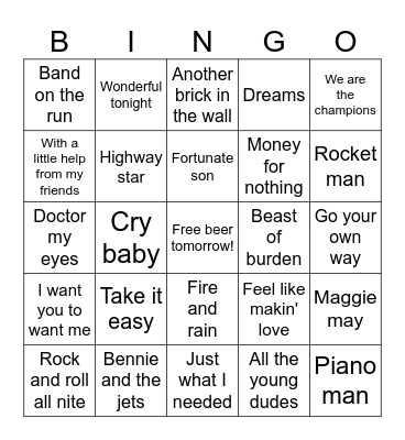 Rock 70's Bingo Card