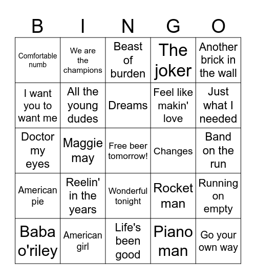 Rock 70's Bingo Card